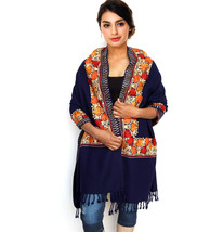 Women Aari Kashmiri Blue Stole Ethnic Flower Embroidered Wool Shawl Cash... - £61.99 GBP