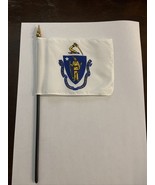 New Massachusetts State Mini Desk Flag - Black Wood Stick Gold Top 4” X 6” - $8.00
