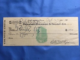 Bank Of Orange &amp; Trust Co. - Orlando Florida FL FLA  1924 Check USED CASHED - $19.78
