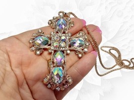 Betsey Johnson Large Cross Pendant Necklace Multicolor Faceted 28” + 2”Extension - £15.73 GBP