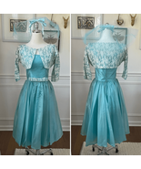 Vintage 60s Turquoise Blue Ivory Lace Fit &amp; Flare Dress Shrug Headband V... - $84.90 CAD