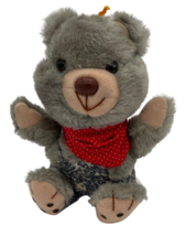VTG Dan Brechner Gray 9&quot; Sitting Plush Bear Overalls Bandana Stuffed Animal Toy - £9.54 GBP