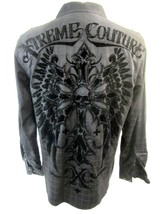 XTREME COUTURE Men shirt p2p 22&quot; size M slim flocked black Skull Cross Wings  - £18.91 GBP