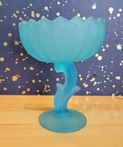Vintage Indiana Glass Co Satin Mist Blue Flower Compote Bowl Candy Dish 7.5” - £11.77 GBP