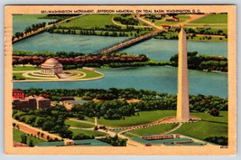Postcard Washington Monument Jefferson Memorial On Tidal Basin Aerial View LINEN - £3.53 GBP