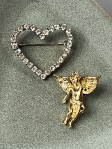 Lot of Clear Rhinestone Silvertone Heart Outline &amp; Goldtone Angel Cherub Lapel - £8.82 GBP