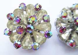 WEISS Pink and Clear Aurora Borealis Crystal Round Clip on Earrings Vintage 1 in - £24.86 GBP