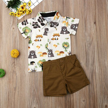 NWT Woodland Animals Fox Bear Boys Short Sleeve Button Shirt &amp; Shorts Outfit Set - £8.78 GBP