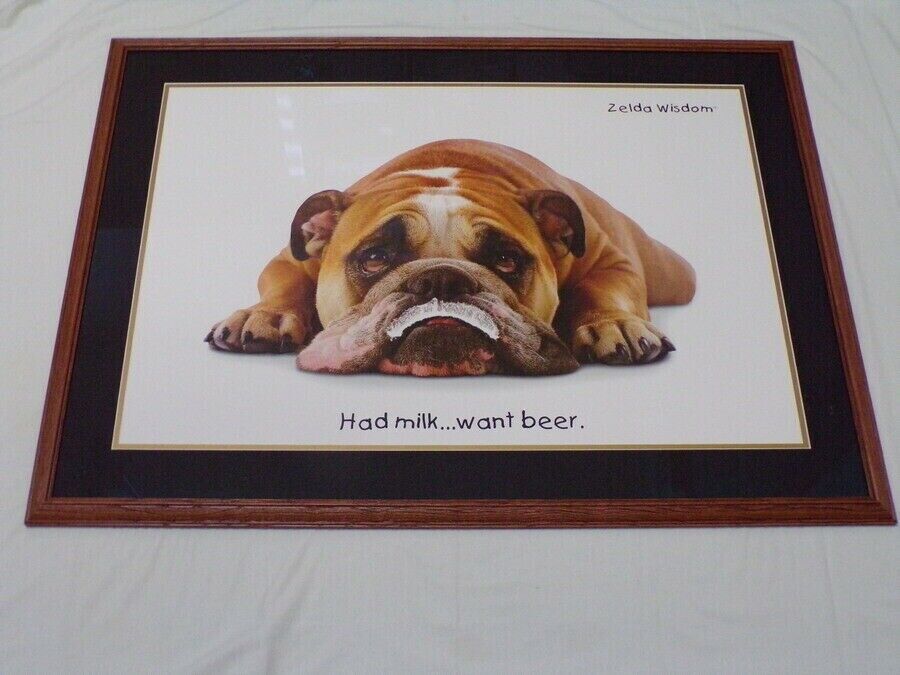 Primary image for Zelda Wisdom Bulldog Had Milk Want Beer HUGE 30x42" Framed Poster Art 