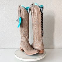 NEW Lane Reverie Tan Suede Cowboy Boots Womens 6 Blue Stitch Western Corset Tall - $391.05