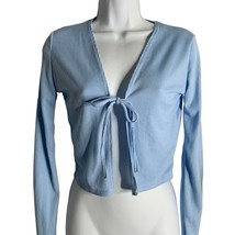 Pretty Little Thing Tie Front Crop Top 2 Baby Blue Ribbed Knit Long Sleeves NEW - £14.78 GBP