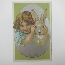 Easter Postcard Blonde Girl Blue Dress Hugs Rabbit Silver Embossed Antique - $9.99