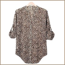 Sheer Chiffon Plus Size Leopard Top Long Sleeve Roll Up Cuff Button Down Shirt image 3