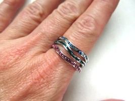 Silver .815 Colored Crystal Stacking Band Rings Set of 3 Pink Blue Green C3560 - £12.66 GBP