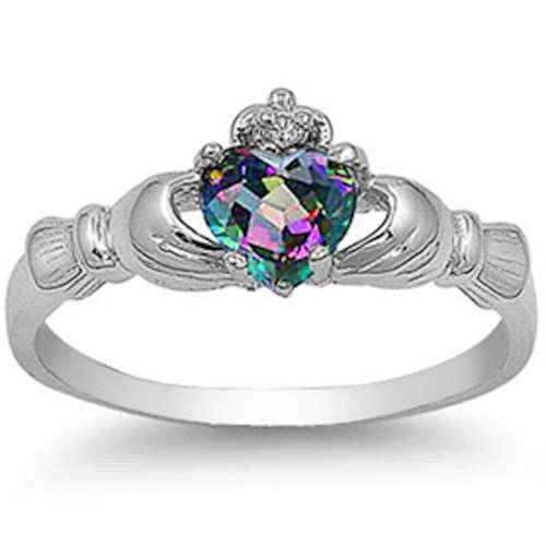 Sterling Silver Simulated Mystic Topaz Claddagh Ring