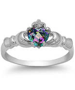 Sterling Silver Simulated Mystic Topaz Claddagh Ring - £15.79 GBP
