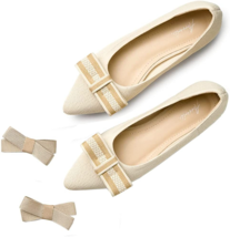 Arromic Women&#39;s Beige 7 Bow Ballet Flats Knit Shoes Memory Foam Pointed Toe - £18.04 GBP
