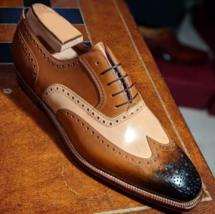 New Men&#39;s Oxfords Tan Brown Wingtip Designer Handmade Lace up Shoes - £125.29 GBP
