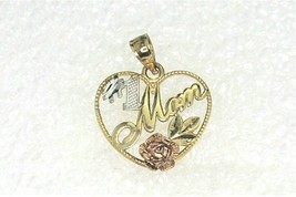 #1 Mom HEART PENDANT with Rose Real Solid 14 k Yellow White Rose Gold 1.2 g - £101.71 GBP