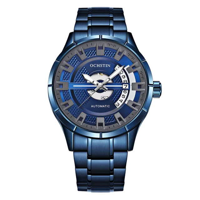 OCHSTIN Skeleton Steampunk Blue Stainless Steel Men Mechanical Automatic Wrist W - £40.75 GBP