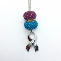 Swarovski Crystal Sparkle Life Charm Beads Support Ribbon Necklace Sterling 925 - £52.48 GBP