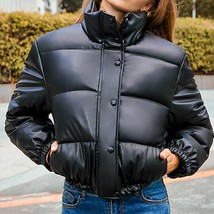Winter Thick Warm Cropped Puffer Jacket Women Black PU Leather Parkas Elegant Zi - £55.86 GBP