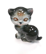 Vintage Cat Figurine Ceramic Gray Tiger Striped Rhinestone Jewel Eyes MCM Figure - $15.00