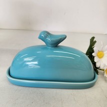 Butter Dish Aqua Blue Turquoise Ceramic with a Bird Handle from World Ma... - $16.44