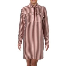 Kenneth Cole Women M Rose Brown Stripe Pockets Zip Front Hi Low Shirt Dr... - $39.79