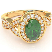 Three Stone Lab-Created Emerald Diamond Halo Engagement Ring In 14k Yellow Gold - £908.67 GBP