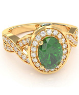 Three Stone Lab-Created Emerald Diamond Halo Engagement Ring In 14k Yell... - $1,580.37 CAD