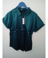 Sayingpan Women&#39;s Satin Short Sleeve Button Front Green Top Size S - $18.00