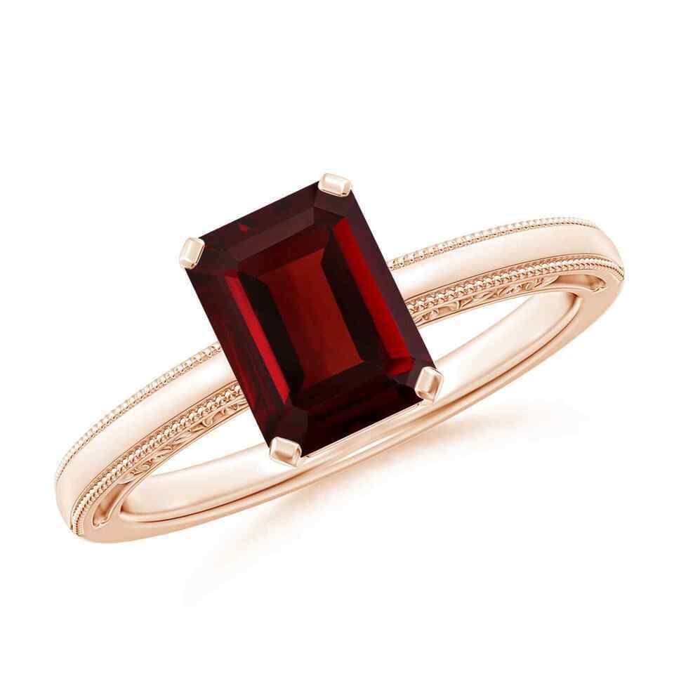 Primary image for ANGARA Emerald Cut Garnet Solitaire Ring with Milgrain for Women in 14K Gold