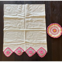 Vintage Pillowcase With Crocheted Floral Edge &amp; Doily Set Of Two - £18.77 GBP