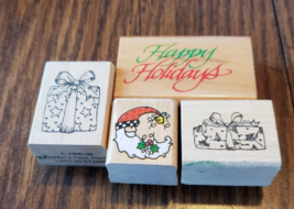 Lot of 4 Holiday Themed Wood Mounted Rubber Stamps - £6.32 GBP
