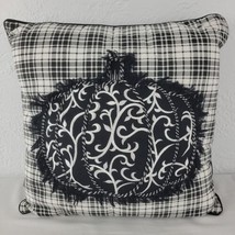 Fall Pumpkin Pillow Embroidered Black Buffalo Plaid White Fall 18&quot; Square Decor  - £14.30 GBP