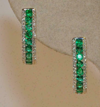 Estate 2.5Ct Emerald &amp; Lab Created Diamond Hoop Earrings In 14K White Gold Over - £87.92 GBP