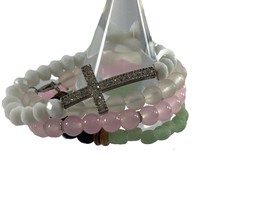 Lot of 4 Beaded Bracelets Pink Green White Rhinestone Cross Stretch Stackable - £9.49 GBP