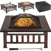 Square Fire Pit 34In Large Outdoor Fire Pit Fireplace Stove For Garden Backyard - £122.67 GBP