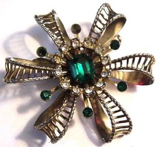 Large Green Rhinestone Bow Brooch Pin  - £12.62 GBP