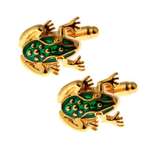 FROG CUFFLINKS Green Enamel Gold Plate Cute Animal Groom Wedding with Gift Bag - £9.40 GBP