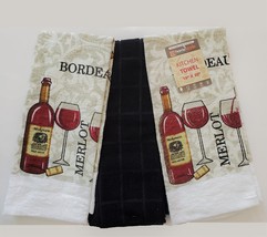 Kitchen Towels, Set of 3, Red Wine Bottle Merlot Bordeaux Design Black