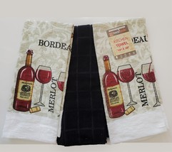 Kitchen Towels, Set of 3, Red Wine Bottle Merlot Bordeaux Design Black - £9.58 GBP