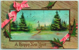 A Happy New Year Pine Trees Bow Faux Frame Embossed Winsch Back DB Postcard G12 - £3.87 GBP