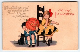 Halloween Postcard Black Cat Children JOL Pumpkin Stecher Series 1239 C Vintage - £35.77 GBP