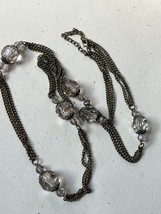 Long Triple Strand Antique Goldtone Chain w Large Faceted Smokey Gray Plastic - £8.81 GBP