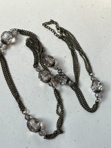 Long Triple Strand Antique Goldtone Chain w Large Faceted Smokey Gray Plastic - £8.71 GBP