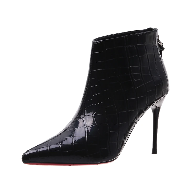 Pointed  Bright Leather Back Zip Woman Boots Pure Black  Ankle Boots Stiletto Sh - £220.54 GBP