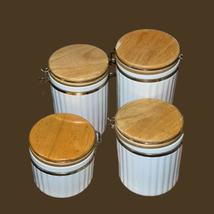 Set of 4 Antique Collectible Ceramic Kitchen Canisters with Wood Covers - £62.47 GBP