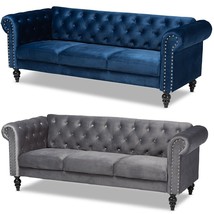 Velvet Chesterfield Trans Sofa Button Tuft Silver NailHead Spindle Leg Gray Blue - £639.35 GBP